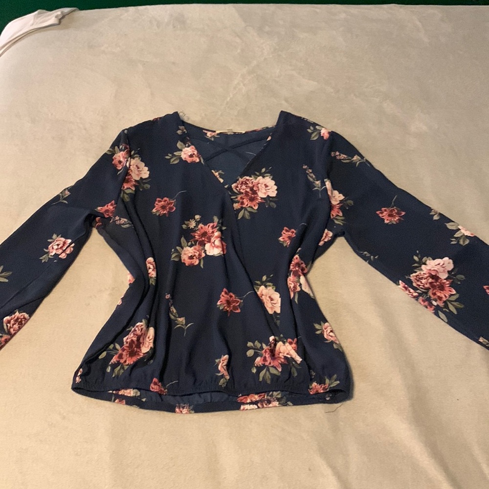 #0100 - Wishful Park Navy Floral Wrap Blouse XL
